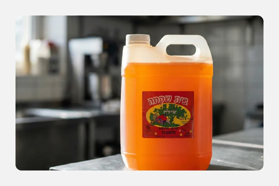 ג'ריקן פלסטיק עם נוזל כתום ומדבקת מיתוג מרובעת עמידה לנוזלים