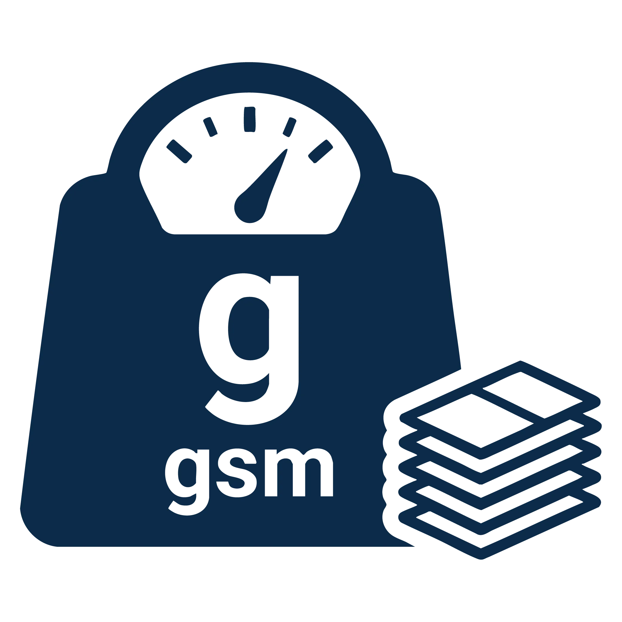 אייקון המציג משקל נייר בגרמים (GSM) וערימת דפים למדידת עובי החומר