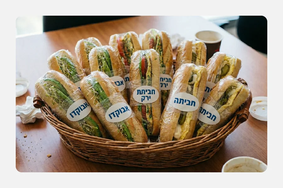 סל כריכים עטופים עם מדבקות זיהוי לבנות לכריך אבוקדו וחביתה לקייטרינג