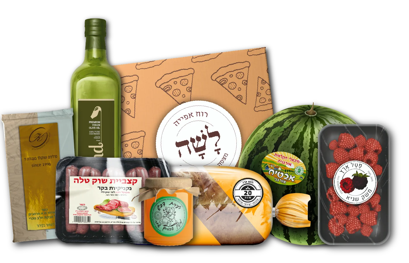 באנר המציג אריזות מזון וחקלאות: בקבוק שמן זית, מארז פיצה, לחם, אבטיח, פטל ונקניקים עם מדבקות כרומו וסימון תזונתי בולט.