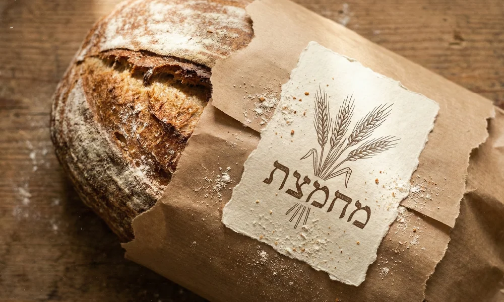 כיכר לחם מחמצת טרי עטוף בנייר קראפט עם מדבקה צורנית במראה טבעי הכוללת איור שיבולים והכיתוב "מחמצת".