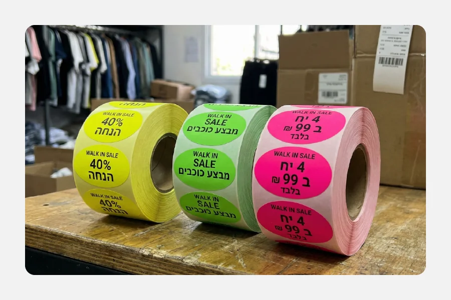 שלושה גלילי מדבקות רדיאנט בצבעי מרקר צהוב ירוק וורוד עם כיתוב מבצעים והנחות