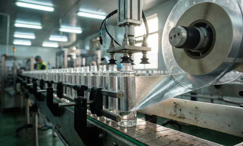 מכונה אוטומטית מדביקה תוויות כסופות מגליל על בקבוקי זכוכית בקו ייצור מודרני.