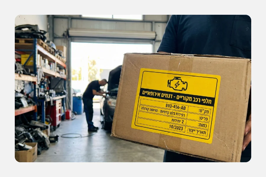 אדם מחזיק ארגז חלקי חילוף לרכב עם מדבקה צהובה בולטת המציינת "חלפי רכב מקוריים - דגמים אירופאיים" במוסך.