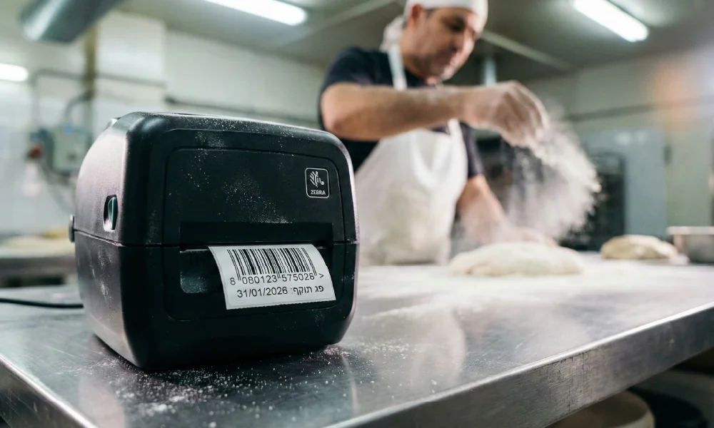 אופה במאפייה משתמש במדפסת Zebra שולחנית להדפסת מדבקת ברקוד ותאריך פג תוקף על שולחן עבודה מקומח.
