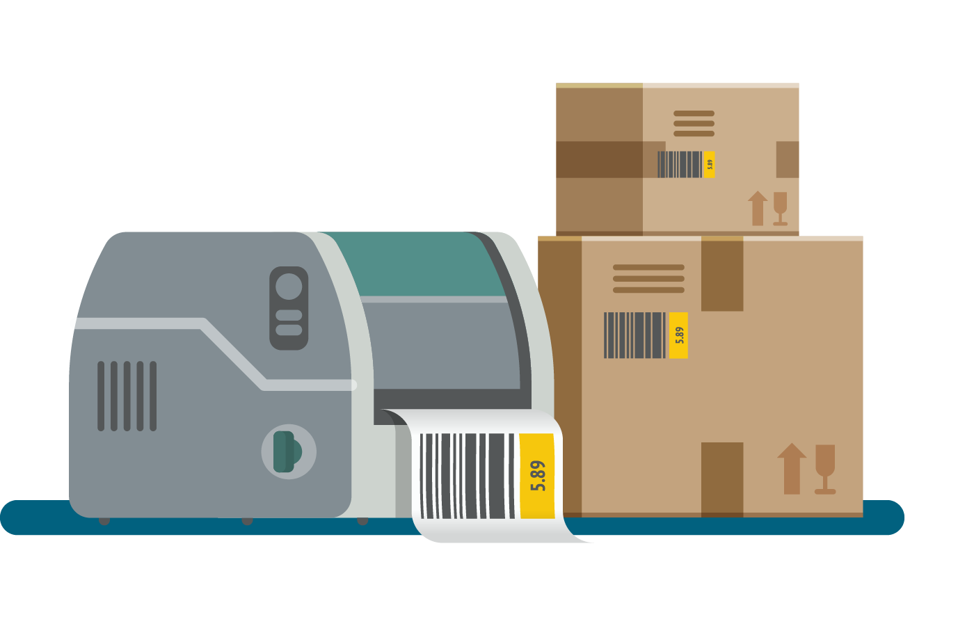 איור של מדפסת ברקוד תעשייתית המדפיסה מדבקות משלוח לצד ארגזי קרטון