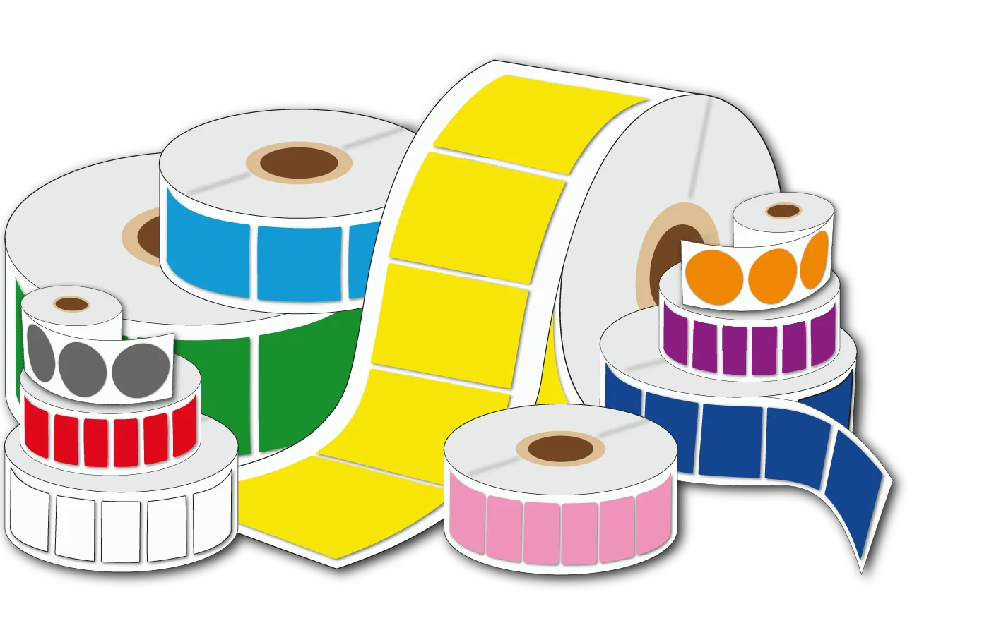 מבחר גלילי מדבקות חלקות בצבעים שונים כגון צהוב, כחול, ירוק ואדום