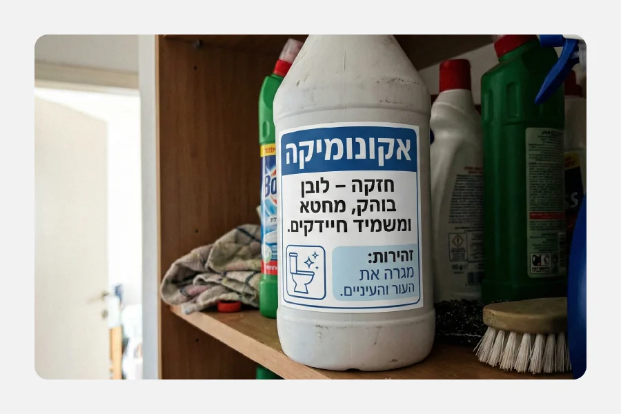 בקבוק אקונומיקה לבן גדול על מדף עם מדבקת ויניל לבנה הכוללת לוגו, הנחיות שימוש ואזהרות בטיחות.