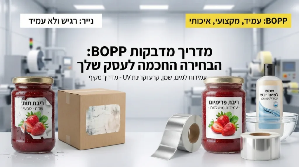 איור השוואתי המציג את ההבדל בין מדבקות נייר רגישות למדבקות BOPP עמידות למים ושמן על גבי צנצנות ריבה, קרטונים ובקבוקי קוסמטיקה.