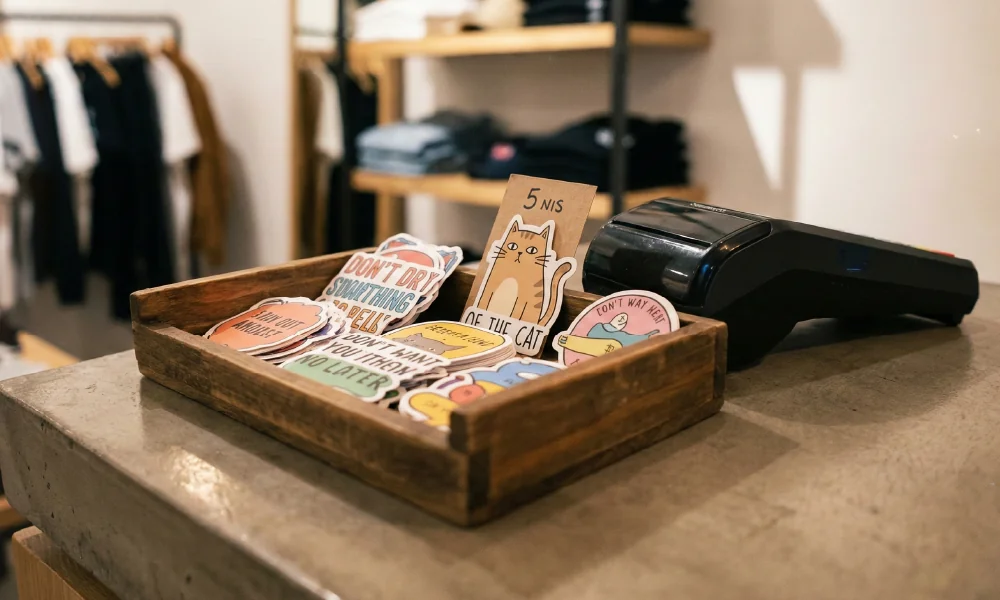 מגש עץ המכיל מגוון מדבקות צורניות ממותגות עם איורי חתולים ומשפטים מעוצבים לצד מסופון אשראי בחנות.