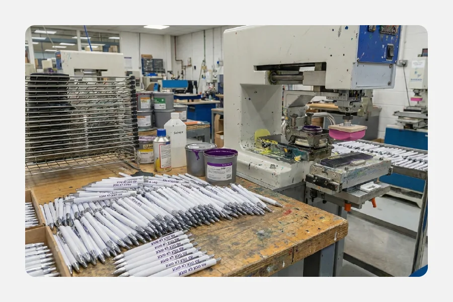 מכונת טמפון וכרית הדפסה מעל ערימת עטים לבנים מודפסים עם לוגו וכיתוב שחור