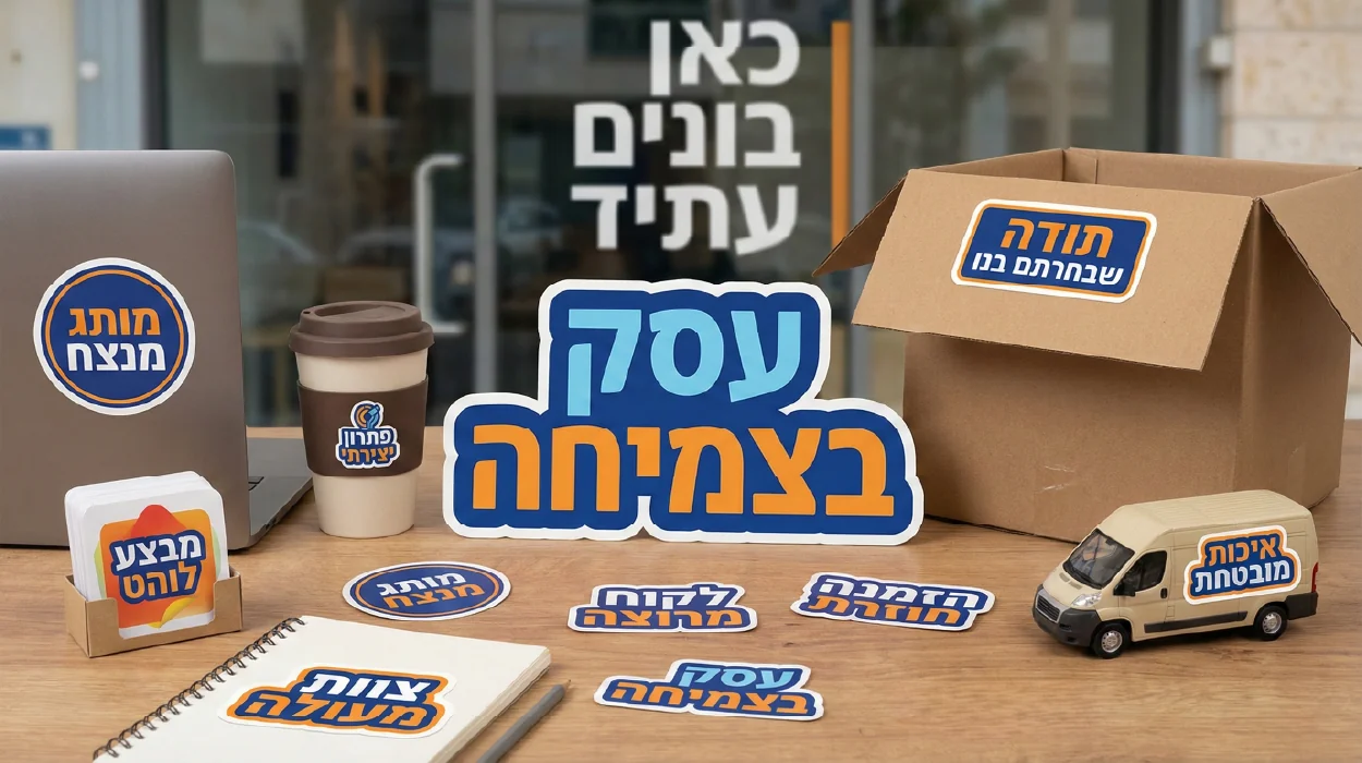 קולאז' פתרונות מיתוג לעסק הכולל מדבקות למחשב נייד, כוס קפה, מארזי משלוחים ורכב חברה עם הכיתוב "עסק בצמיחה".