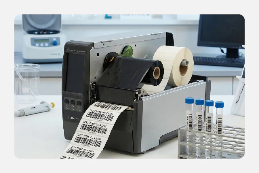 מדפסת מדבקות זברה (Zebra) במעבדה מדפיסה ברקודים למבחנות באמצעות ריבון רזין שחור