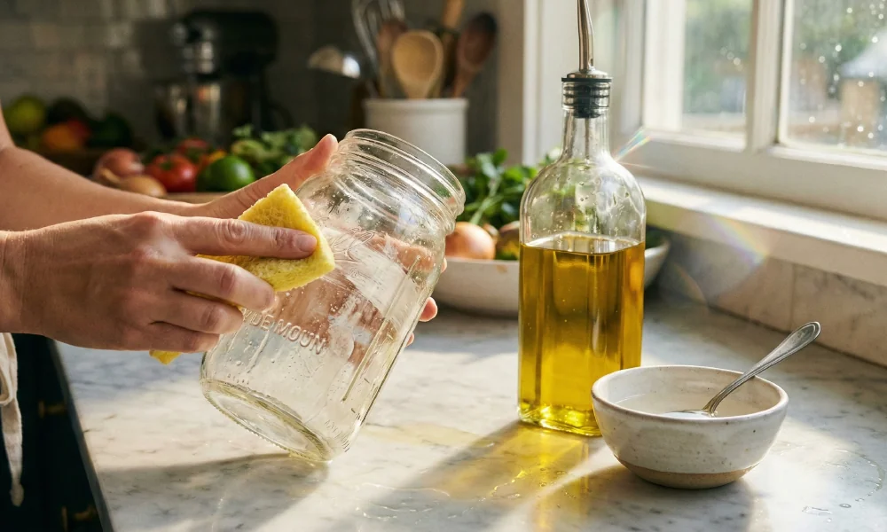 ניקוי צנצנת זכוכית משאריות דבק בעזרת ספוג ושמן בישול בסביבת מטבח ביתית.