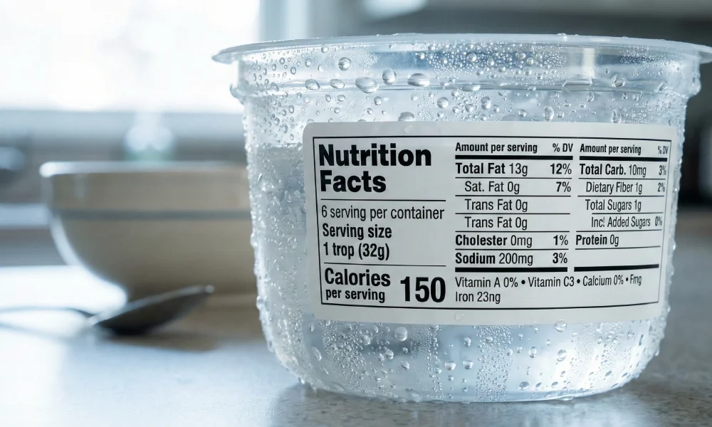מארז פלסטיק שקוף עם טיפות מים (עמידות בלחות) ועליו מדבקת Nutrition Facts מקצועית.