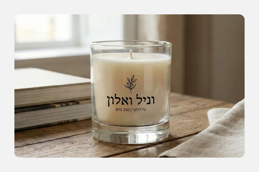 נר ריחני בכלי זכוכית עם מדבקת פוליפרופילן שקופה מודפסת בשחור עם לוגו וטקסט מינימליסטי