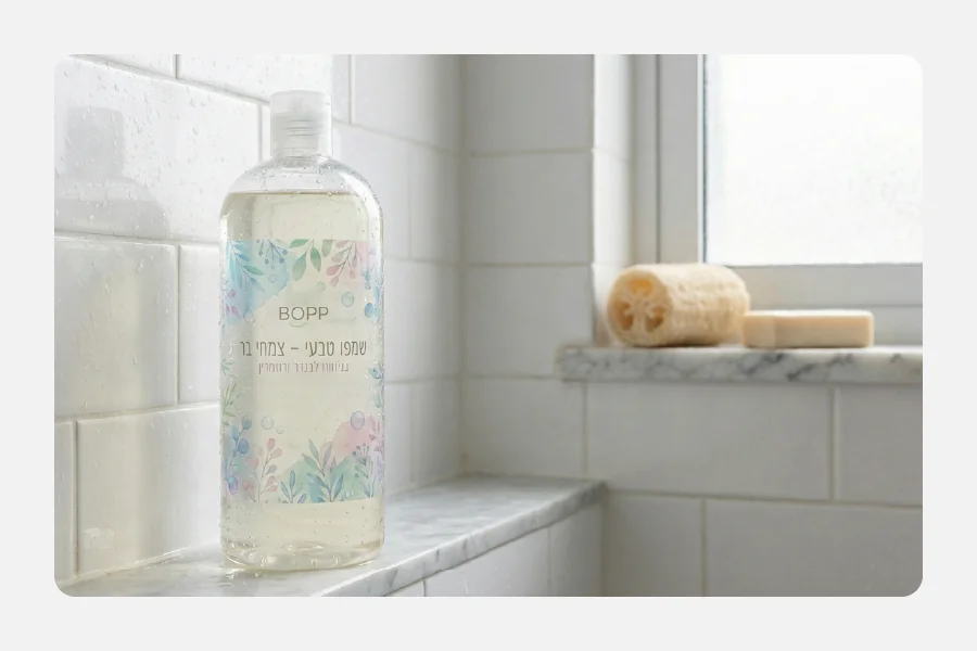 בקבוק שמפו שקוף עם מדבקת פוליפרופילן שקופה בעיצוב פרחוני עדין בסביבת רחצה רטובה