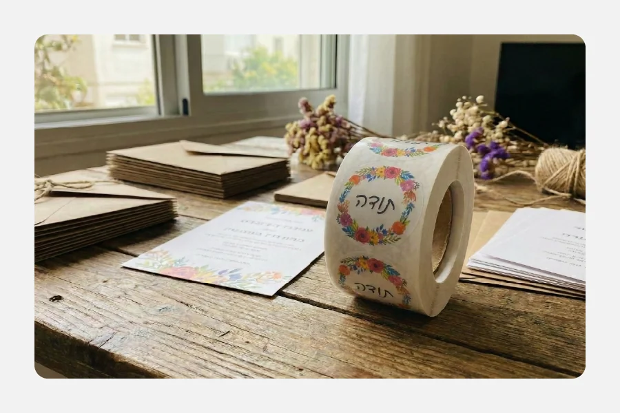 גליל מדבקות "תודה" שקופות עגולות עם עיטור פרחים על שולחן עבודה עם מעטפות והזמנות