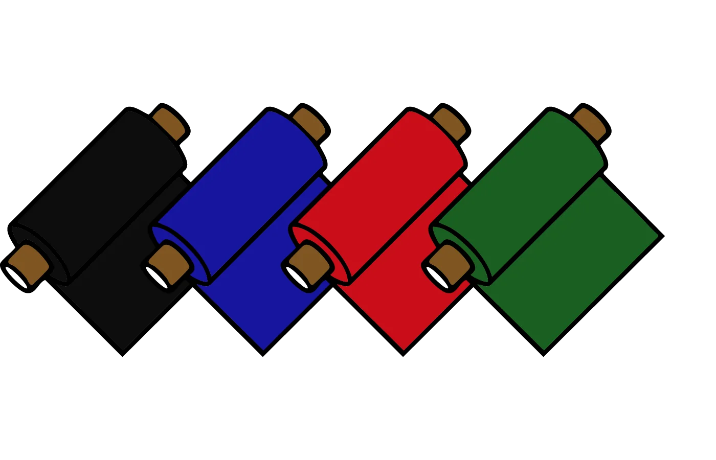 איור המציג ארבעה גלילי רדידי דיו (ריבונים) צבעוניים להדפסה טרמית במדפסות ברקוד - שחור, כחול, אדום וירוק.