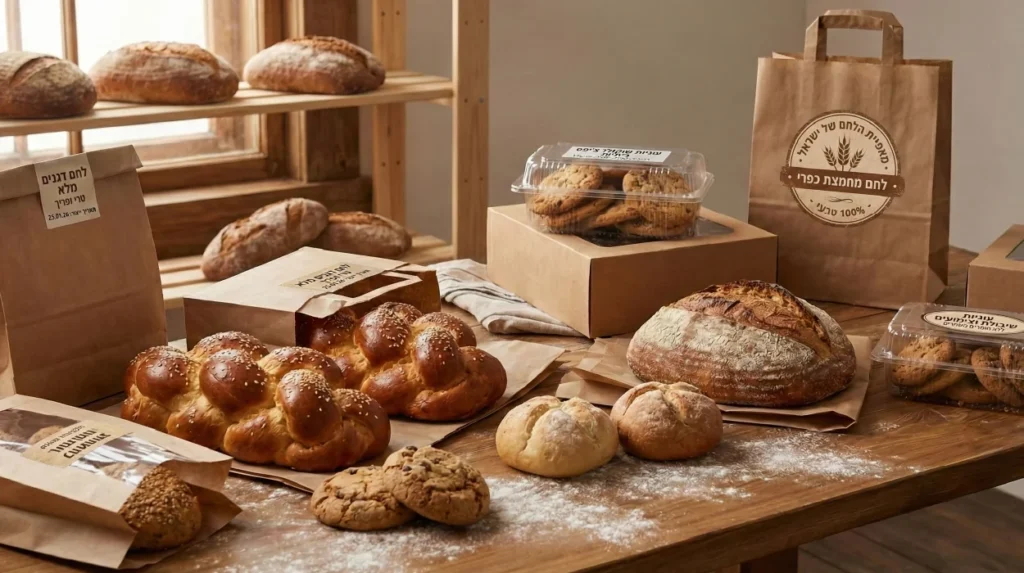 תצוגה מרהיבה של מגוון מוצרי מאפה (חלות, לחמים, עוגיות) באריזות שונות, כולם ממותגים עם מדבקות מגוונות על שולחן עבודה.