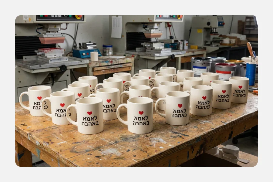 שולחן עבודה עמוס בספלי קרמיקה לבנים מודפסים עם הקדשה "לאמא באהבה" ולב אדום