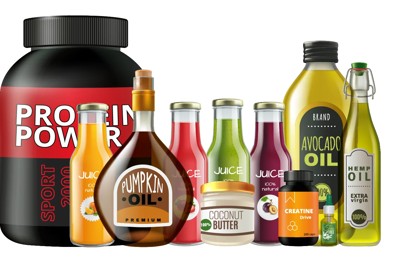 קבוצת מוצרים הכוללת בקבוקי שמן, מיץ, תוספי תזונה וצנצנות עם מדבקות מיתוג מעוצבות