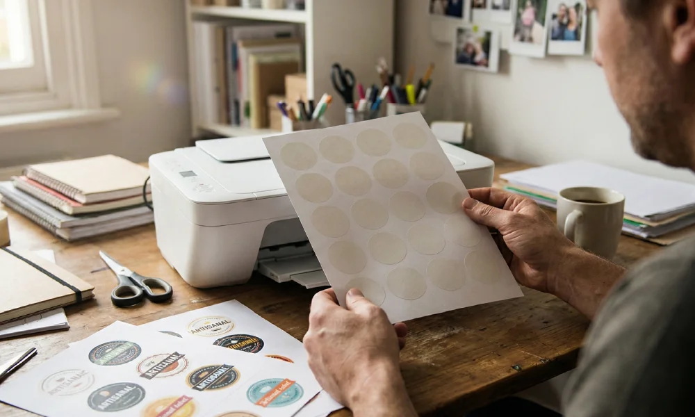 אדם מחזיק דף מדבקות עגולות חלקות לצד מדפסת שולחנית ביתית בפינת עבודה.