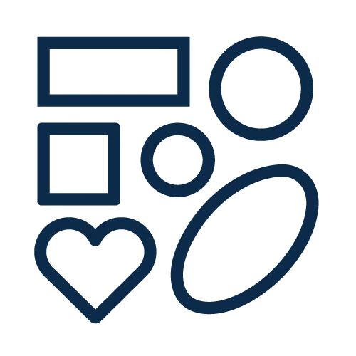 אייקון המציג מגוון צורות לחיתוך מדבקות כולל לב, עיגול, ריבוע ומלבן.