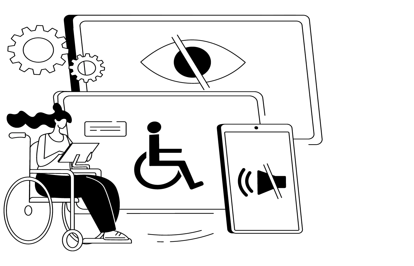 איור בשחור-לבן המציג סמלי נגישות ללקויות ראייה, שמיעה ותנועה, לצד דמות בכיסא גלגלים המשתמשת בטאבלט.