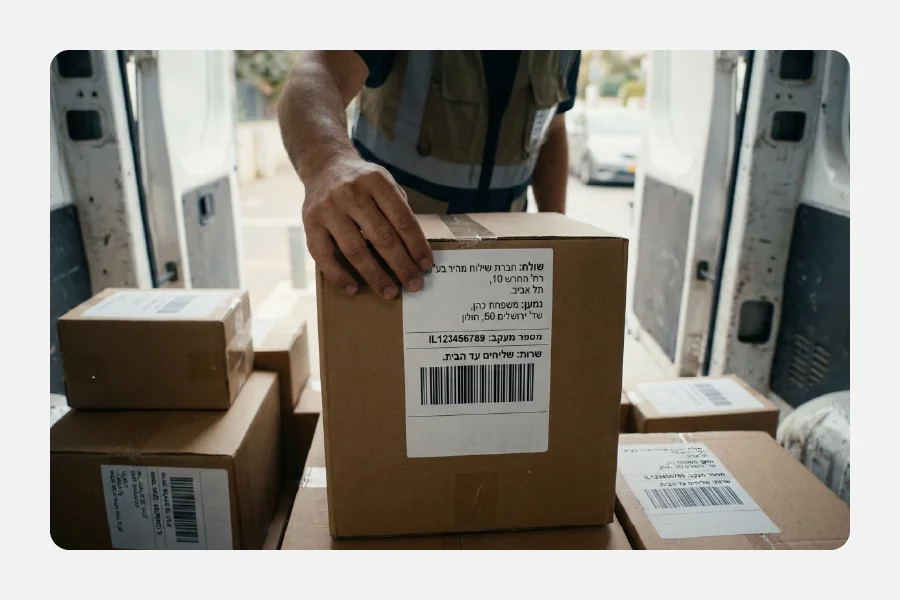 שליח מניח חבילת משלוח עם מדבקת כתובת וברקוד ברורה בתוך רכב הפצה מלא בחבילות ללקוחות.