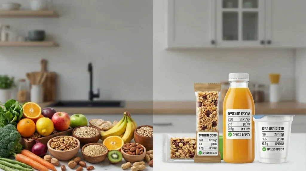 אינפוגרפיקה מפורטת המציגה מדריך לעיצוב מדבקות מזון עם ערכים תזונתיים, כולל שלבי רגולציה, בחירת חומרים, ובקרת איכות.