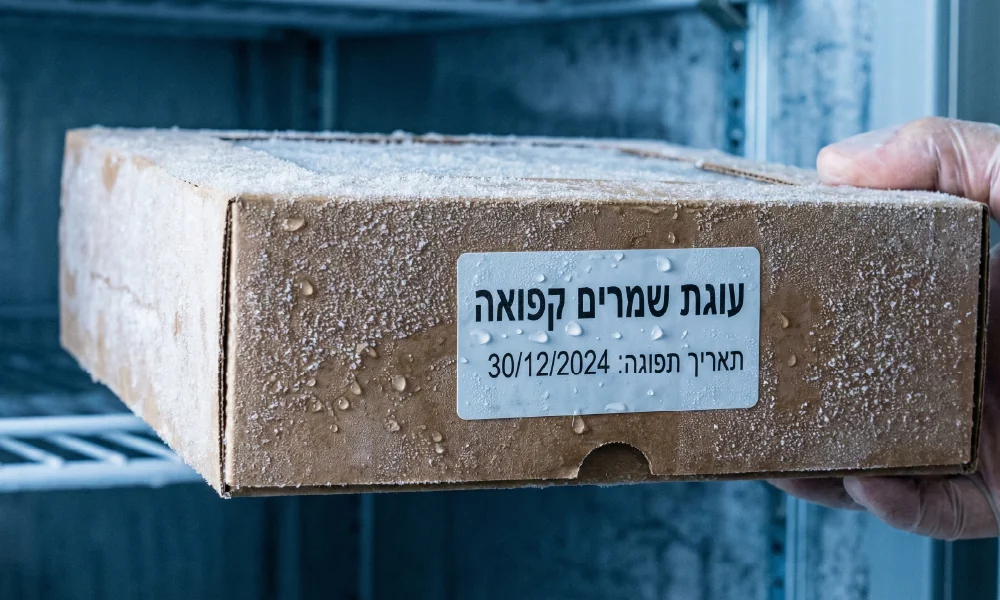 מארז קרטון קפוא של "עוגת שמרים" עם מדבקה לבנה חדה המציינת תאריך תפוגה, עמידה בלחות וקרח בתוך מקפיא.