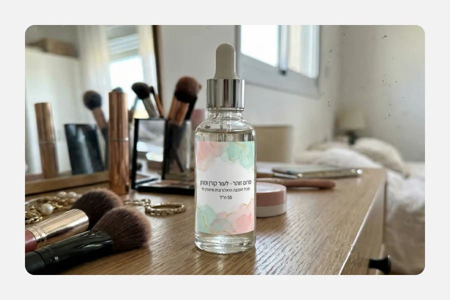 בקבוק טפטפת זכוכית של "סרום זוהר" על שולחן איפור עם תווית ויניל לבנה מעוצבת בעיצוב בוטני עדין.