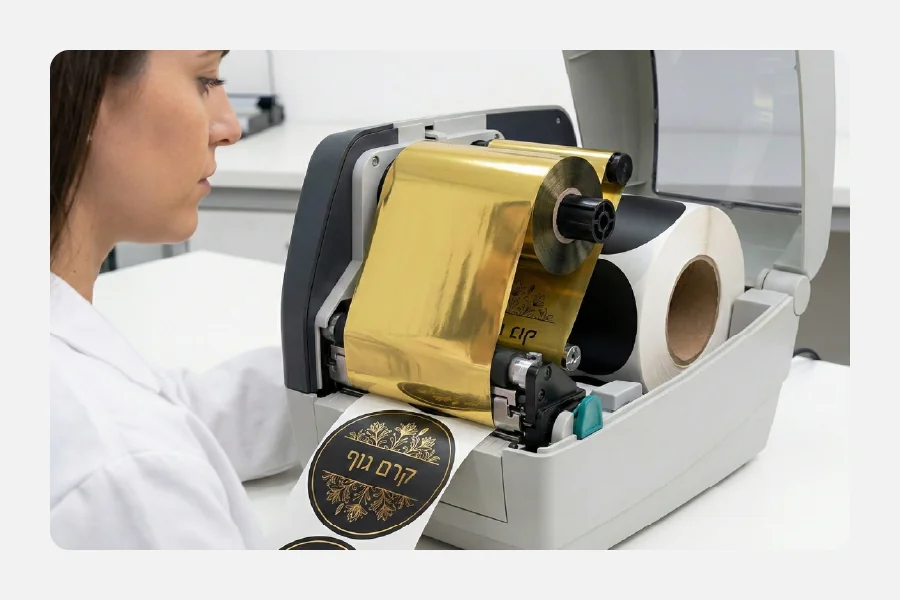 הדפסת מדבקות עגולות לקרם גוף במדפסת ברקוד, שימוש בריבון רזין זהב על גבי מדבקה שחורה למראה יוקרתי