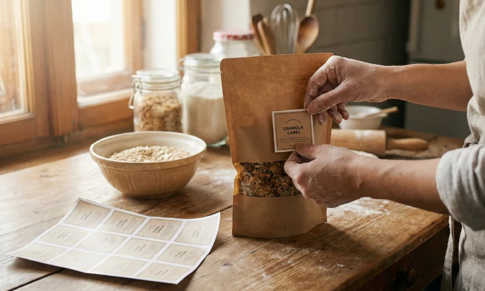 יד מדביקה תווית "Granola Label" על שקית נייר חומה לצד גיליון מדבקות מוכנות על שולחן עץ במטבח.
