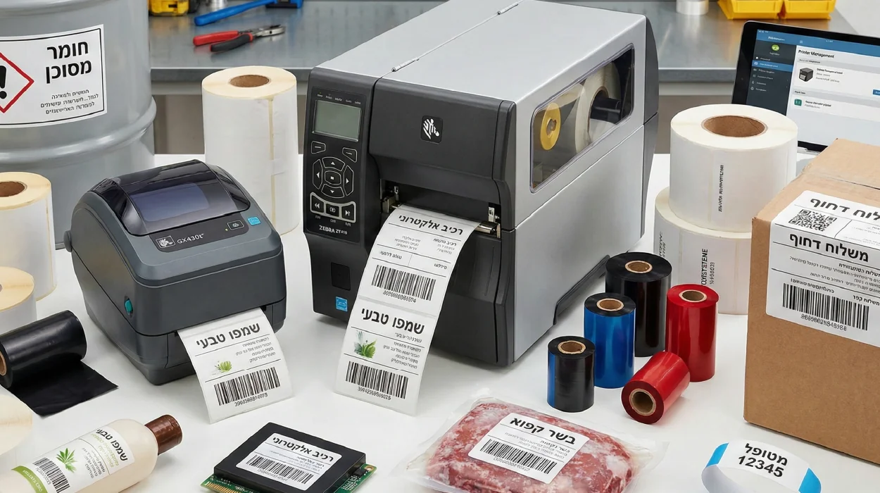 איור טכני המציג מדפסת טרמל טרנספר, רכיבי הריבון והמדבקה, ודוגמאות עמידות לחום, הקפאה ואלקטרוניקה.