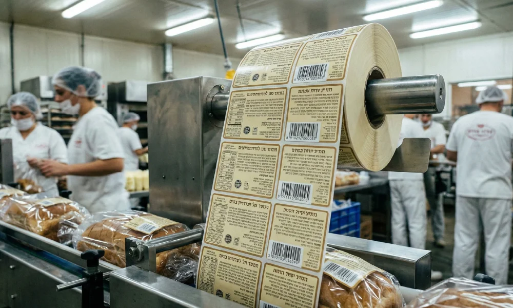 קו ייצור תעשייתי של לחם ארוז עם גליל מדבקות גדול המדביק תוויות ממותגות באופן אוטומטי במפעל.