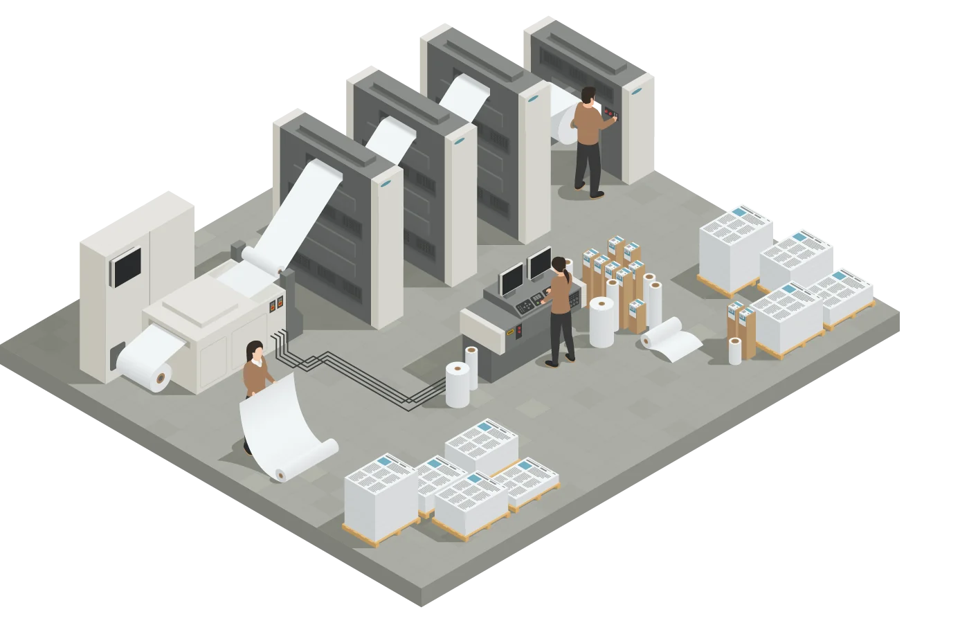 אולם ייצור עם מכונות דפוס תעשייתיות להדפסת גלילי מדבקות בכמויות מסחריות