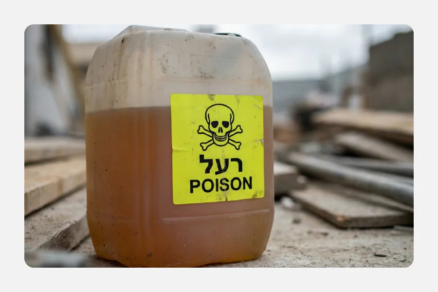 ג'ריקן נוזלים תעשייתי עם מדבקת אזהרה צהובה זוהרת ועליה אייקון גולגולת וכיתוב רעל באנגלית ובעברית