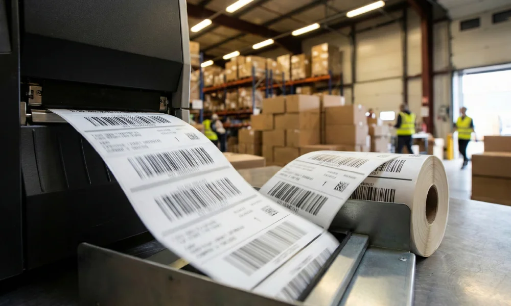 מדפסת תרמית תעשייתית מדפיסה מדבקות ברקוד בגליל בתוך מחסן לוגיסטי פעיל.