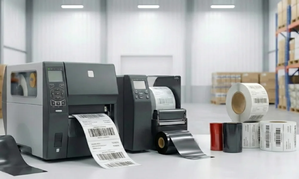 עמדת הדפסה במחסן לוגיסטי עם מדפסות מדבקות תעשייתיות וגלילי נייר