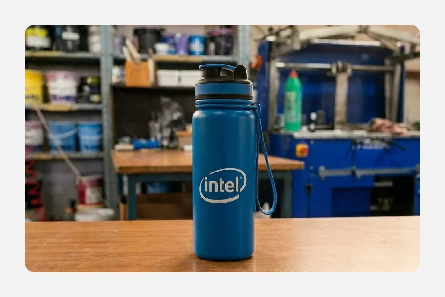 בקבוק שתייה רב פעמי כחול ממותג עם לוגו אינטל (Intel) לבן מודפס בטמפון על שולחן עבודה