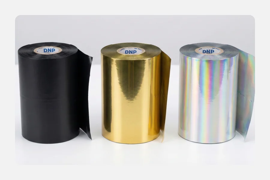 שלושה גלילי ריבון רזין למדפסות ברקוד עומדים זה לצד זה בצבעים: שחור, זהב וכסף הולוגרפי