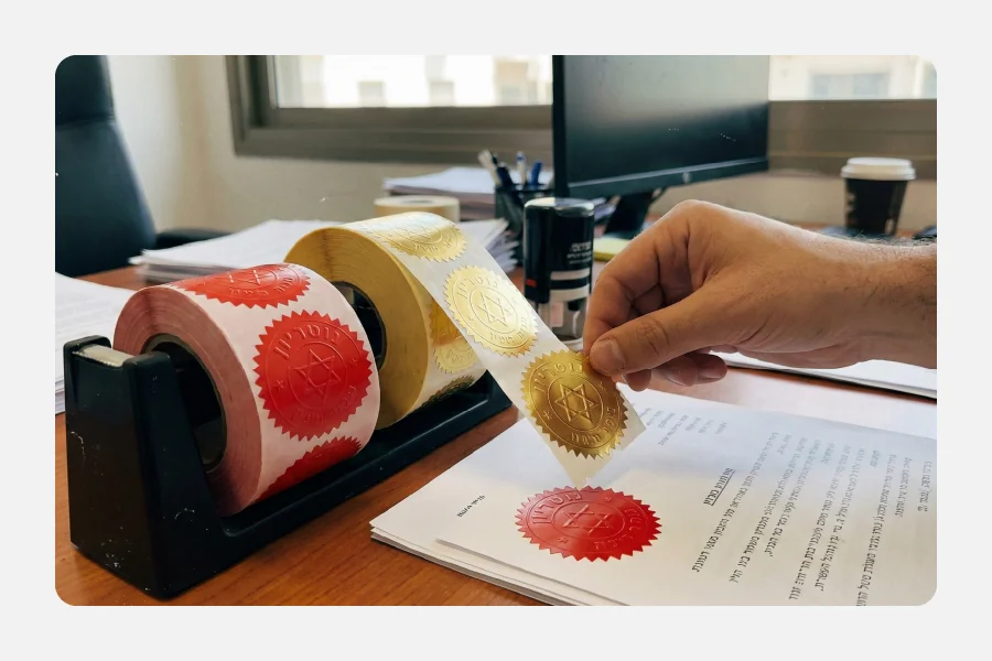 איור של ציוד נוטריון הכולל חותמות, שעווה אדומה וגליל מדבקות חותם אדום משוננות.