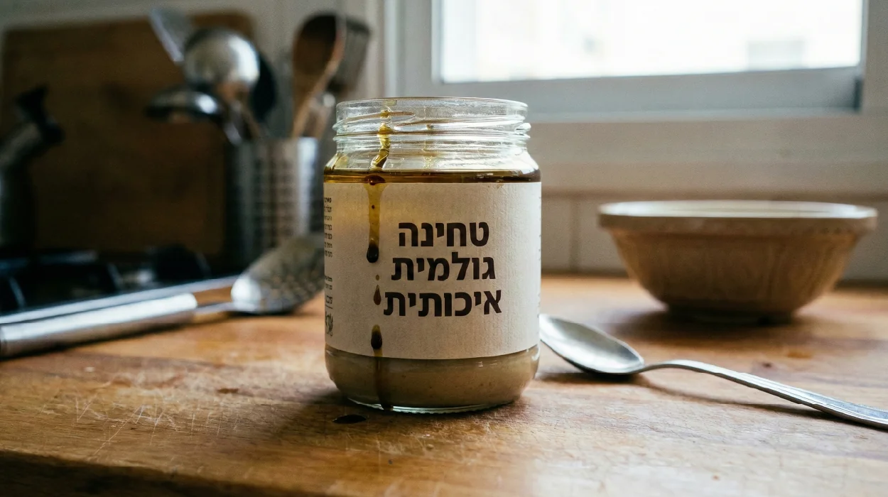 צנצנת טחינה גולמית עם מדבקה לבנה נקייה, המציגה עמידות לכתמי שמן הזולגים על גבי התווית.