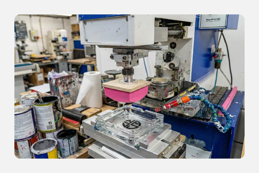 מכונת טמפון בפעולה מדפיסה לוגו שחור על מאפרת זכוכית שקופה באמצעות כרית סיליקון ורודה