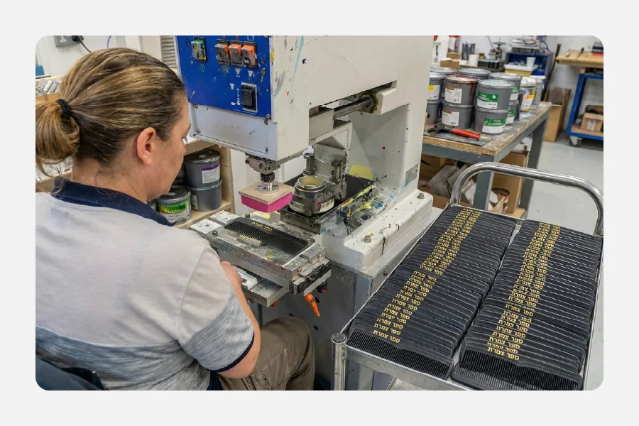 עובדת במפעל מפעילה מכונת טמפון להדפסת לוגו זהב על מסרקים שחורים המסודרים על עגלה