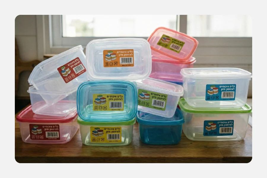 ערימת קופסאות אחסון מזון מפלסטיק עם מדבקות סימון ברקוד והוראות שימוש