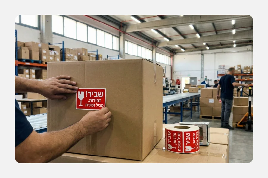 יד מדביקה מדבקת אזהרה אדומה ובולטת עם הכיתוב "שביר! זהירות, מכיל זכוכית" על ארגז קרטון על גבי מסוע.