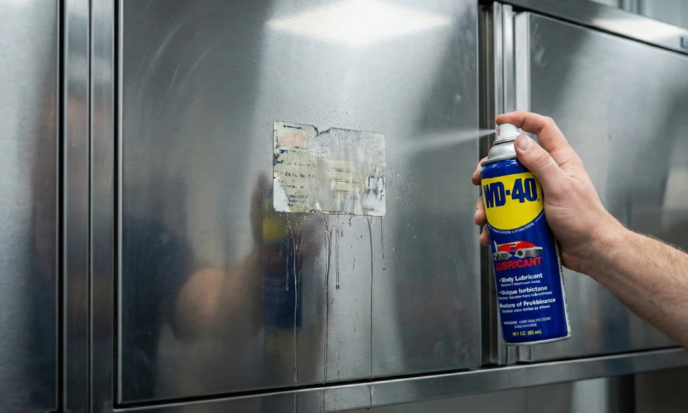 ריסוס שמן WD-40 על שאריות דבק של מדבקה על משטח נירוסטה להסרה מהירה ללא שריטות.